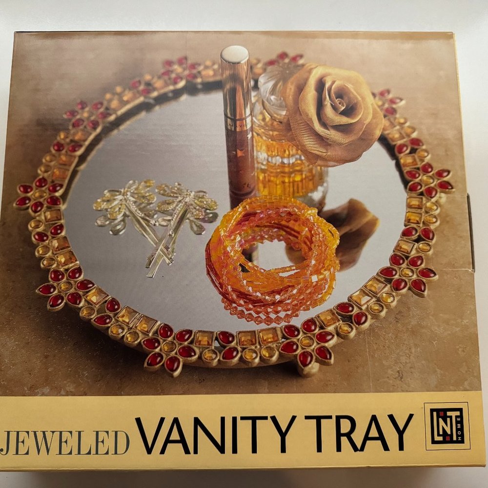 Jeweled vanity tray. Never used. In box. 9.75 inch diameter